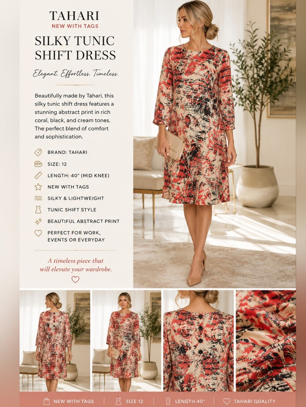 Tahari Coral & Cream Silky Tunic Shift Dress